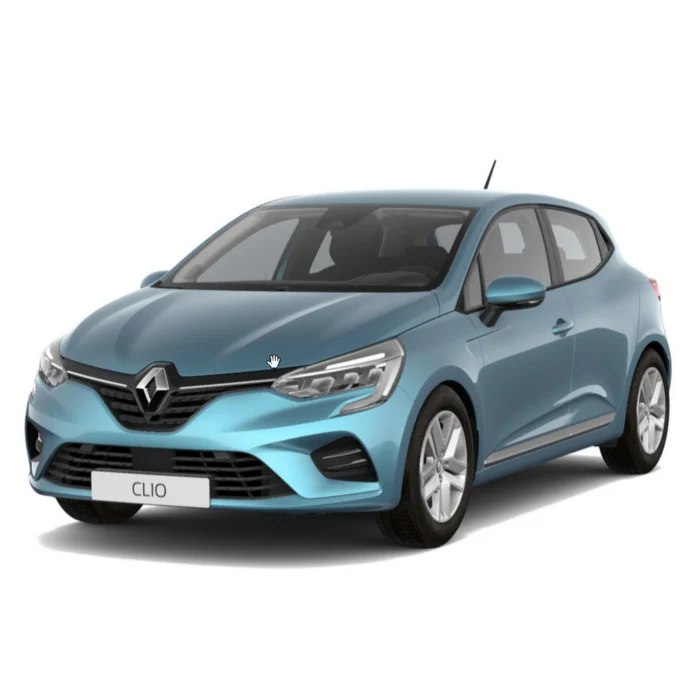 Renault Clio bleue en vue avant trois quarts, voiture citadine moderne proposée par TAGHI CAR à Tanger